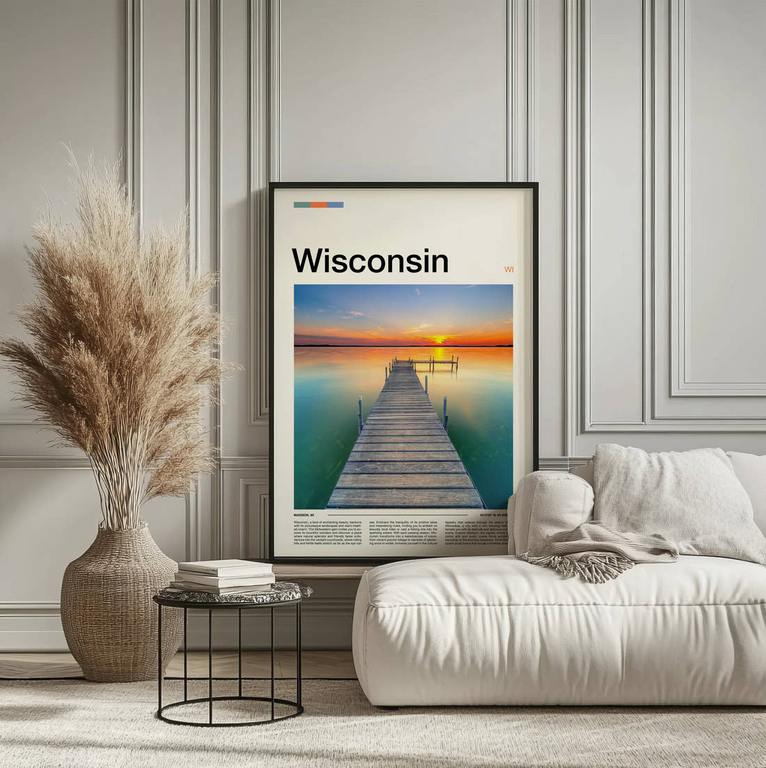 Wisconsin Pier At Sunset Travel Print framed on the wall of a calm, neutral bedroom