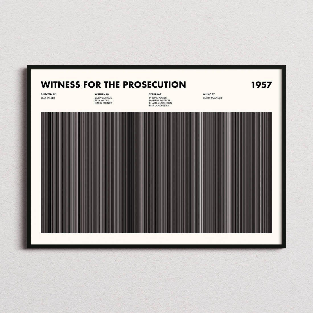 Witness for the Prosecution Movie Barcode Poster framed and photographed straight on