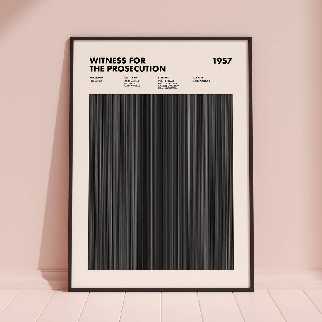 Witness for the Prosecution Movie Barcode Poster framed and leaning against a coloured wall