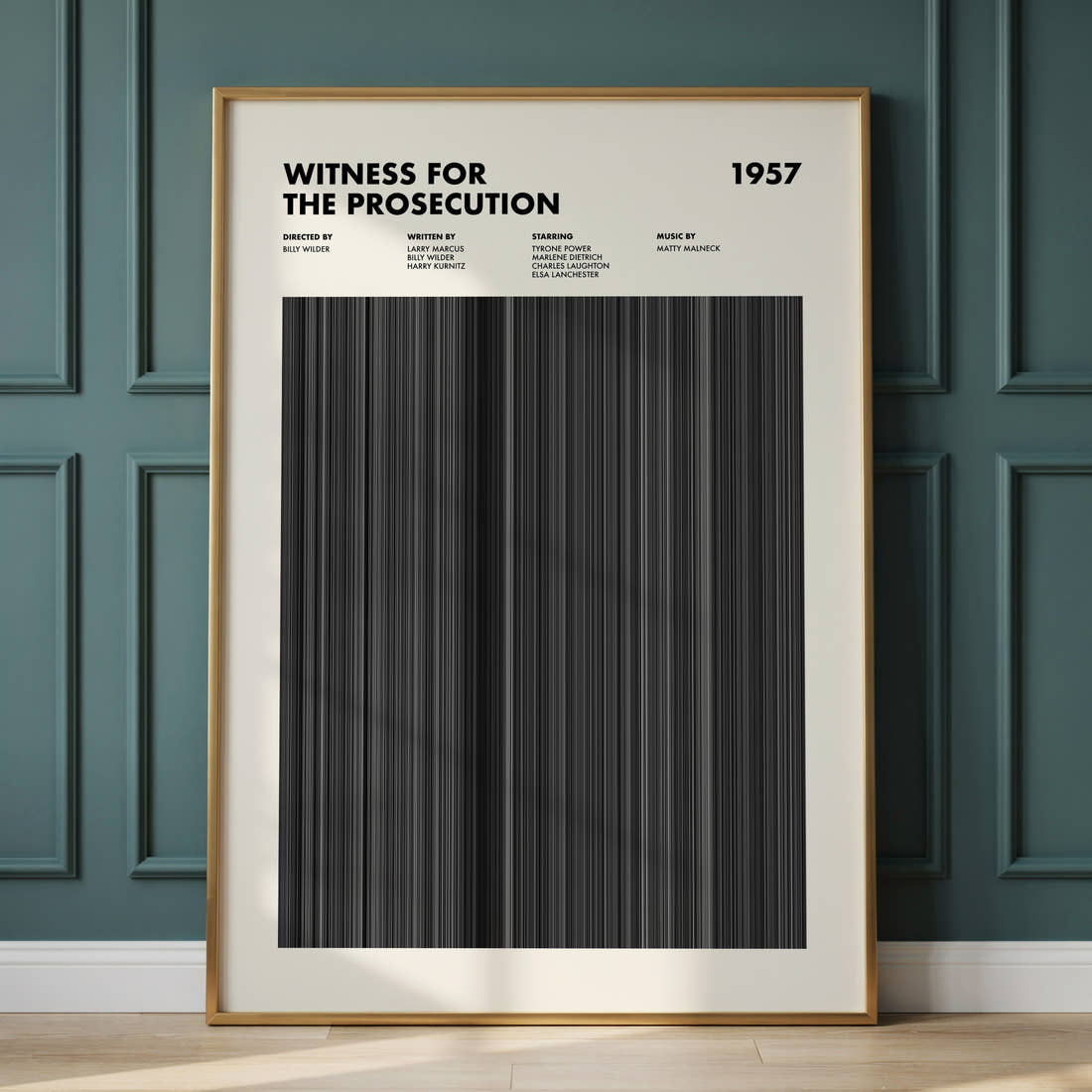 Witness for the Prosecution Movie Barcode Poster framed and leaning against a panelled wall