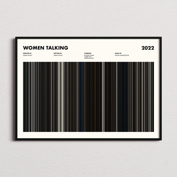 Women Talking Movie Barcode Poster framed and photographed straight on