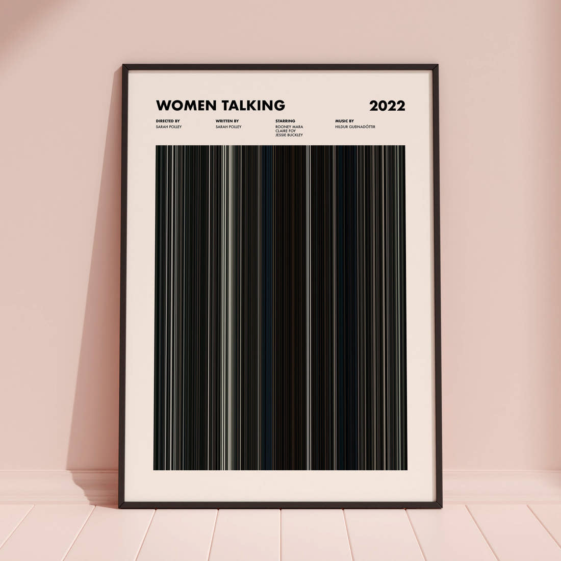 Women Talking Movie Barcode Poster framed and leaning against a coloured wall