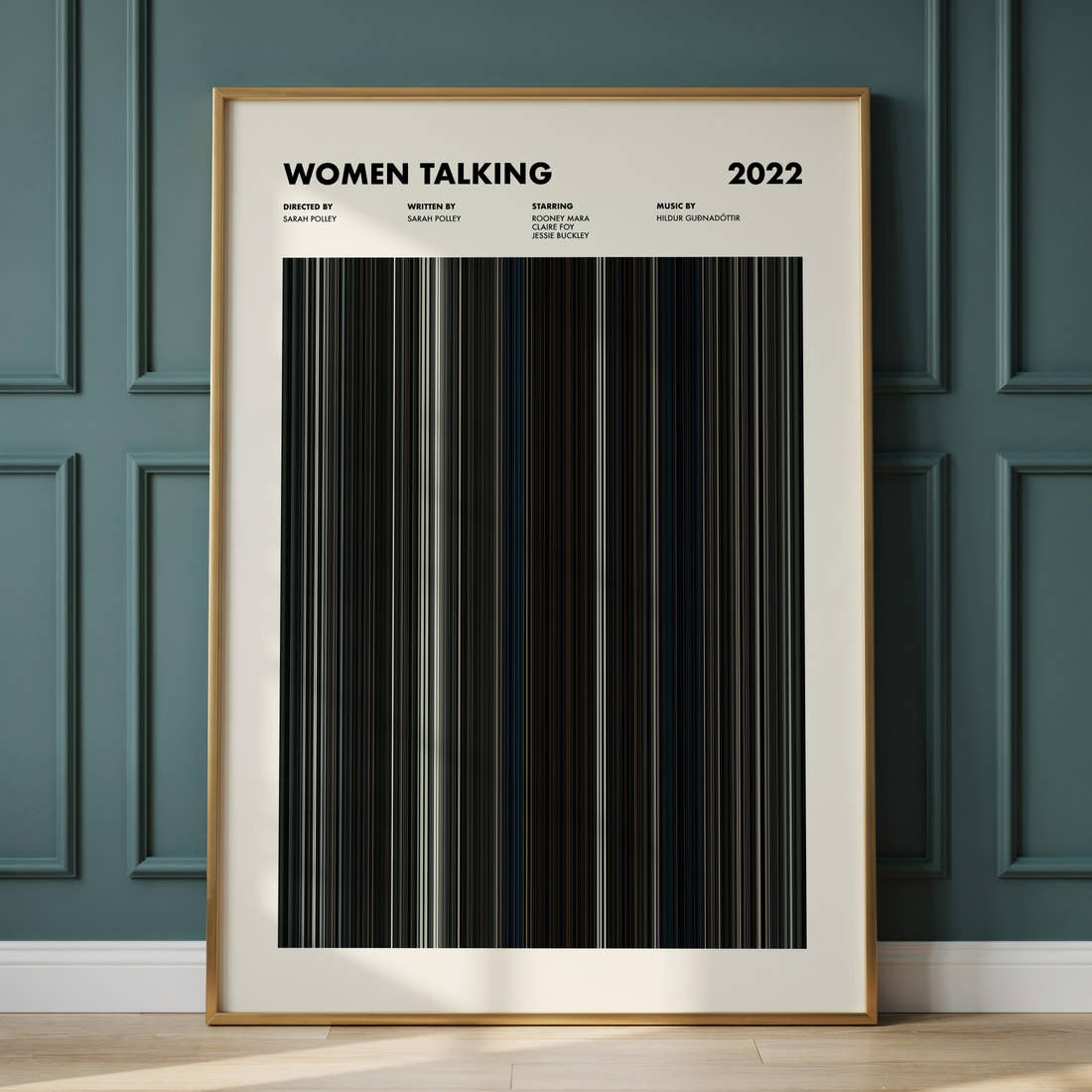 Women Talking Movie Barcode Poster framed and leaning against a panelled wall