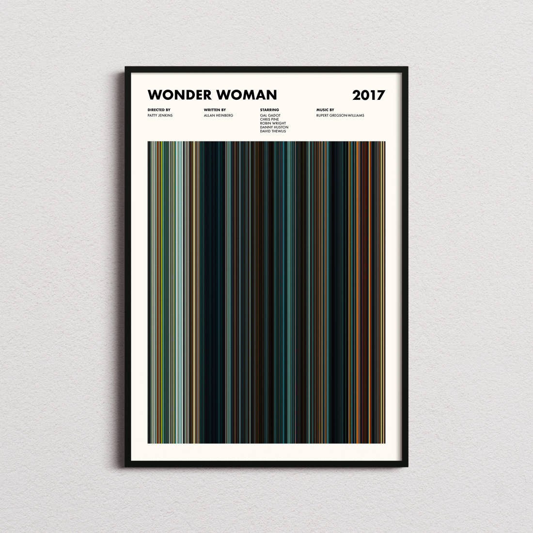 Wonder Woman Movie Barcode Poster framed on a plain studio wall