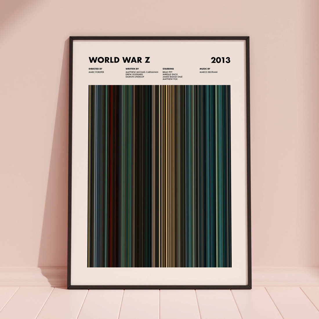 World War Z Movie Barcode Poster framed and leaning against a coloured wall