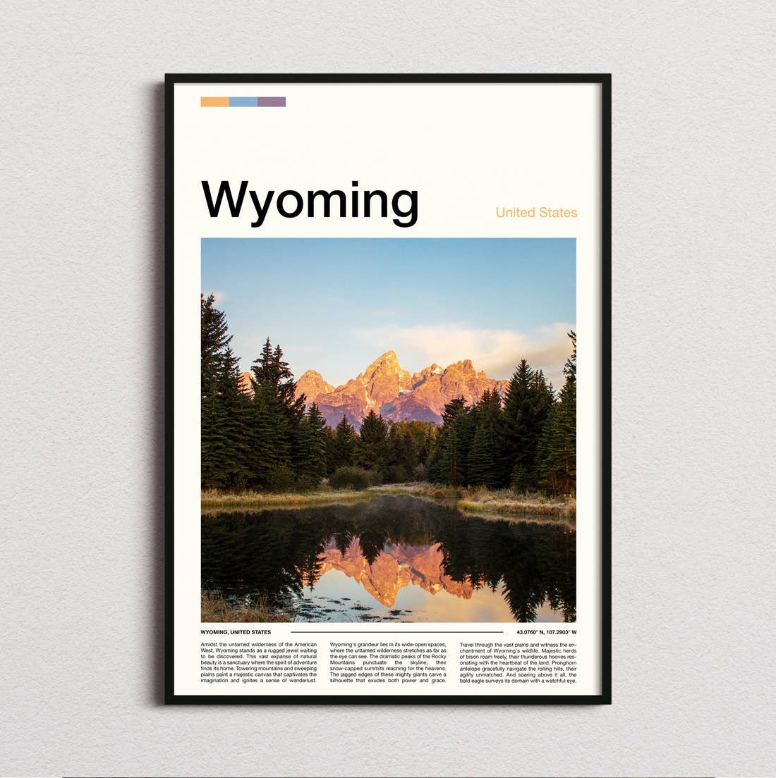 Wyoming Mountains Reflected At Dawn Travel Print framed and photographed straight on
