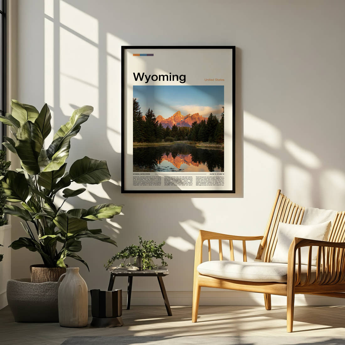 Wyoming Mountains Reflected At Dawn Travel Print framed on a pale wall beside houseplants