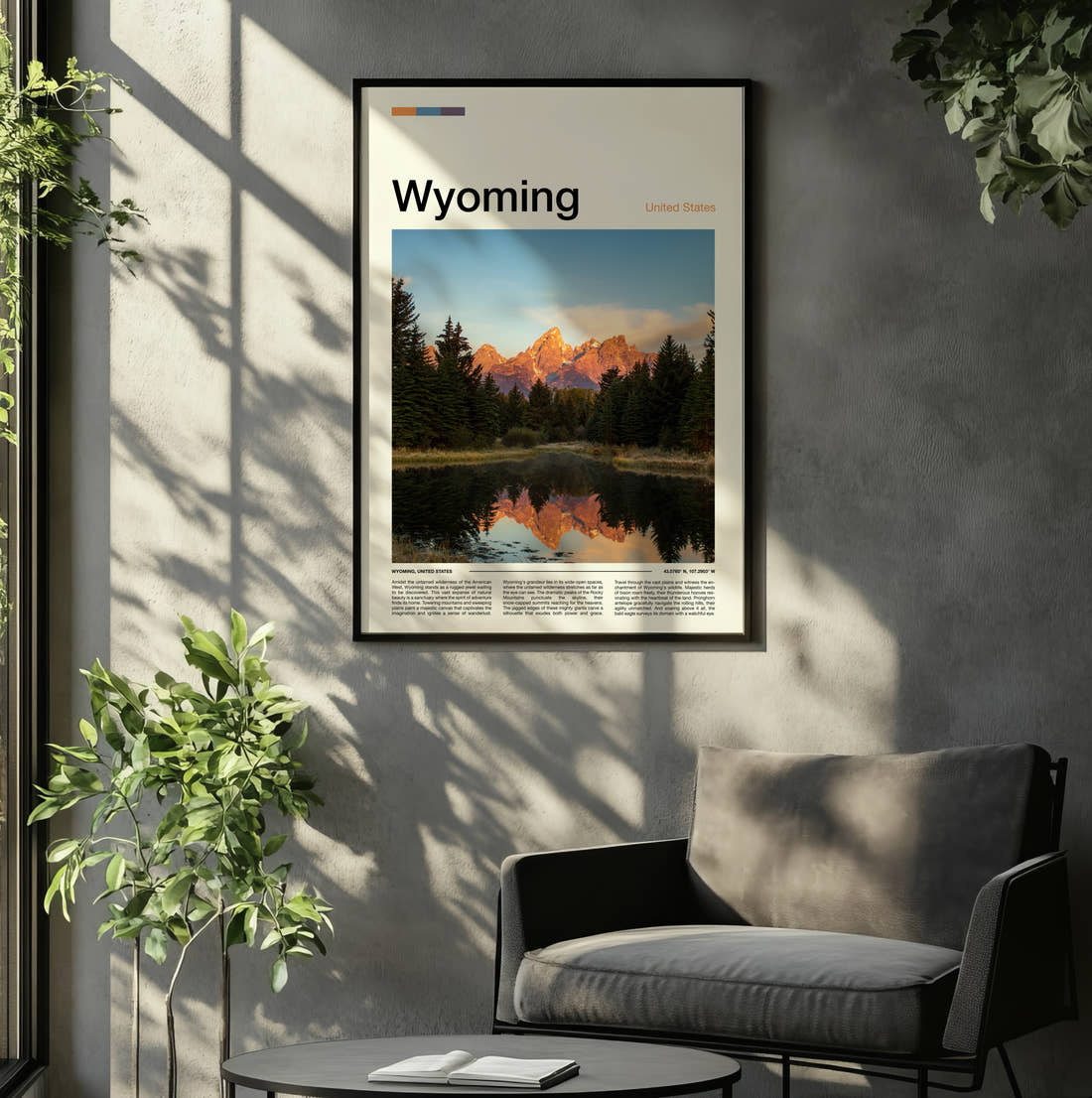 Wyoming Mountains Reflected At Dawn Travel Print framed on the wall of a relaxed living room