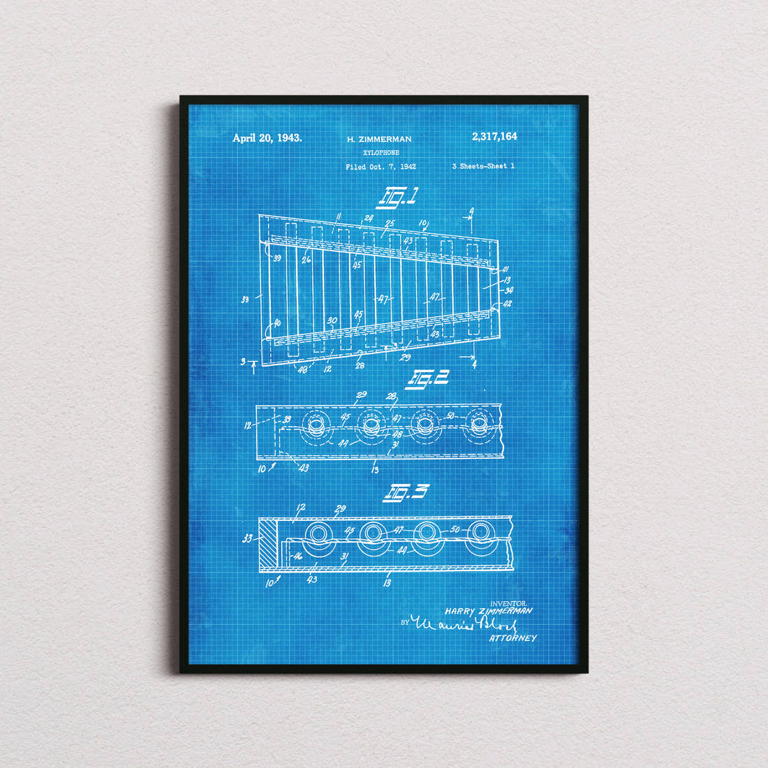 Xylophone Patent Print in the blueprint colourway, framed
