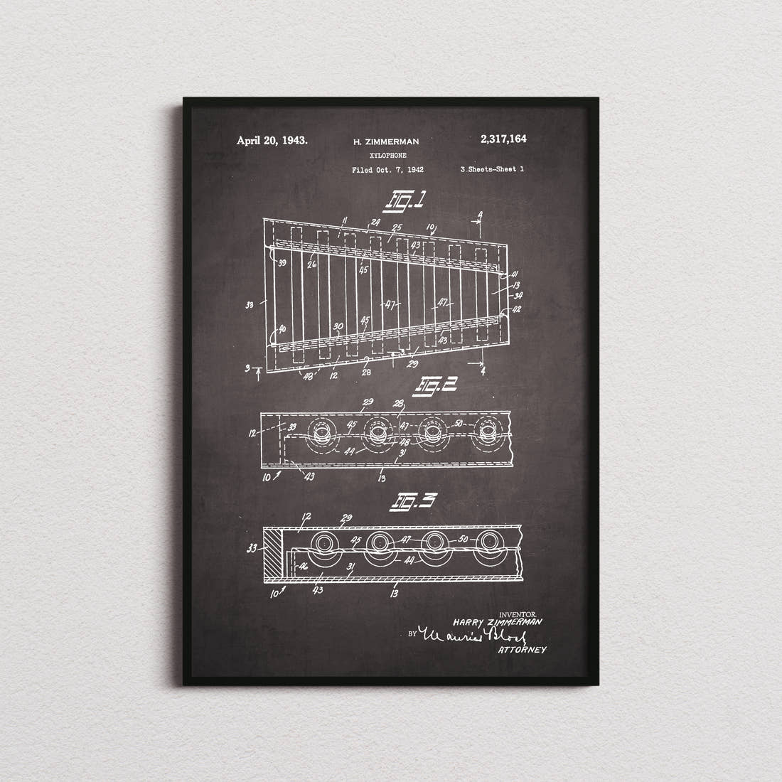 Xylophone Patent Print in the blackboard colourway, framed