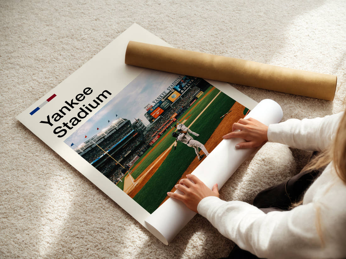 Yankee Stadium Print being unrolled from its postal tube