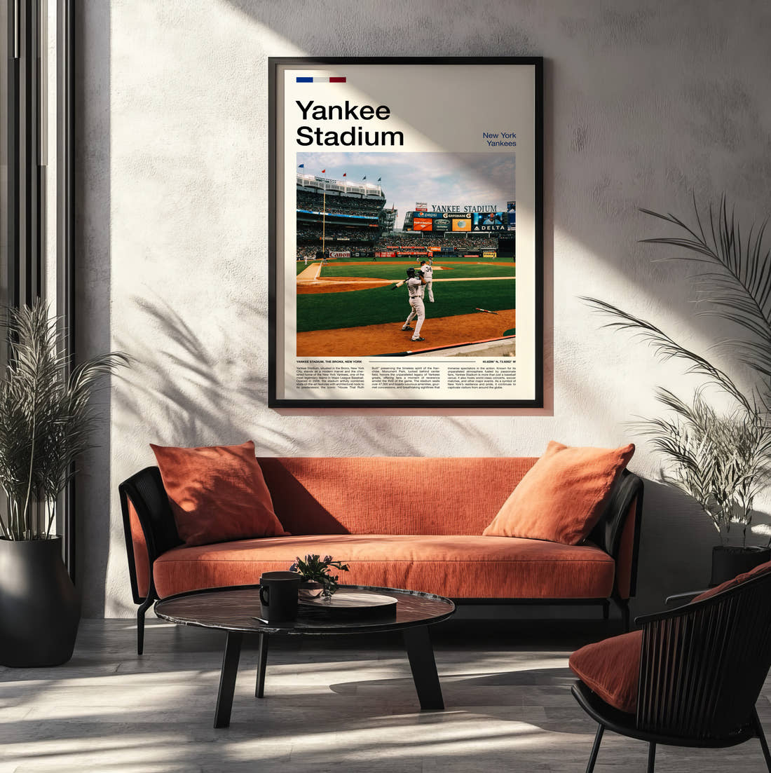 Yankee Stadium Print framed on the wall of a modern living room
