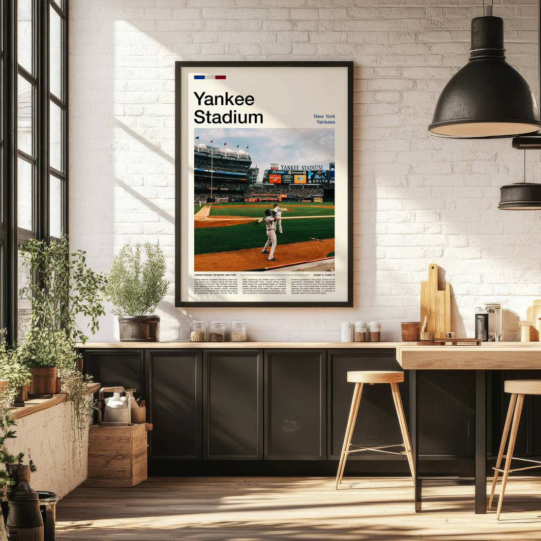 Yankee Stadium Print framed on the wall of a bright kitchen and dining space
