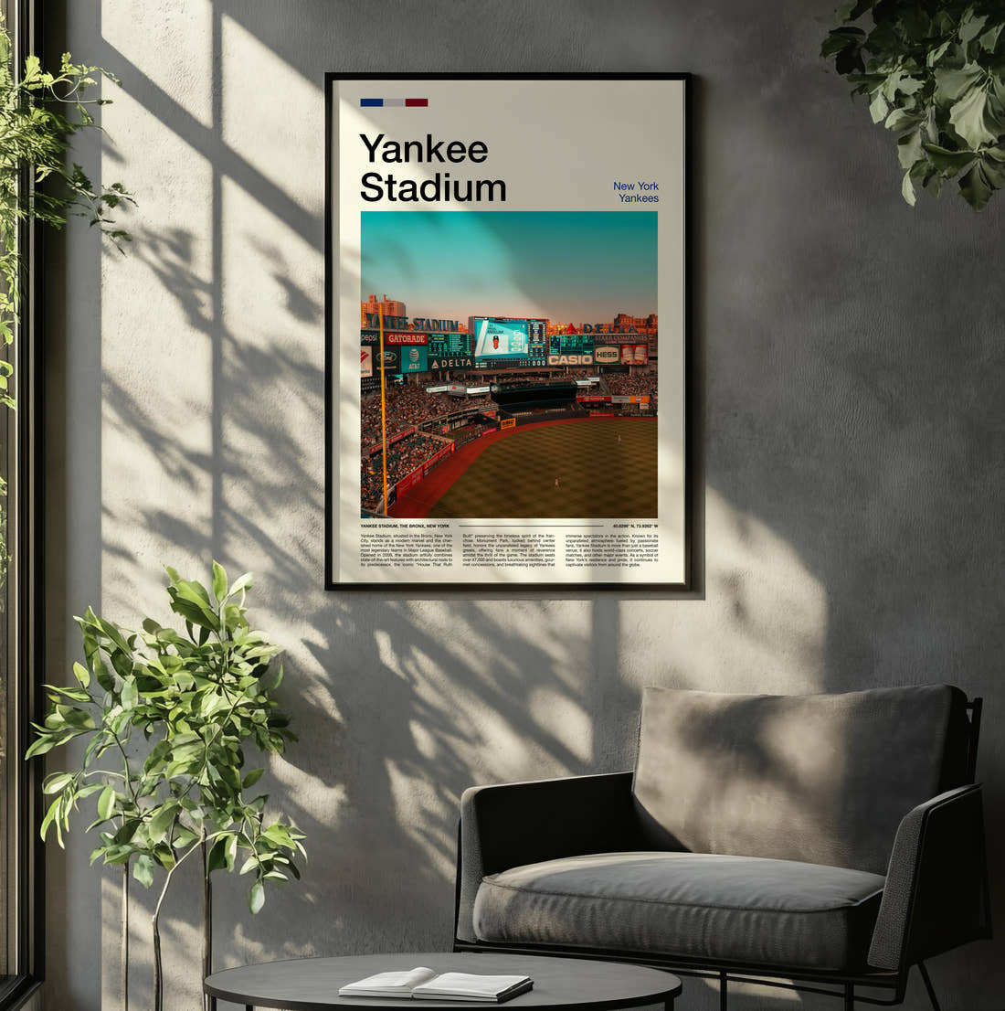 Yankee Stadium Print framed on the wall of a relaxed living room