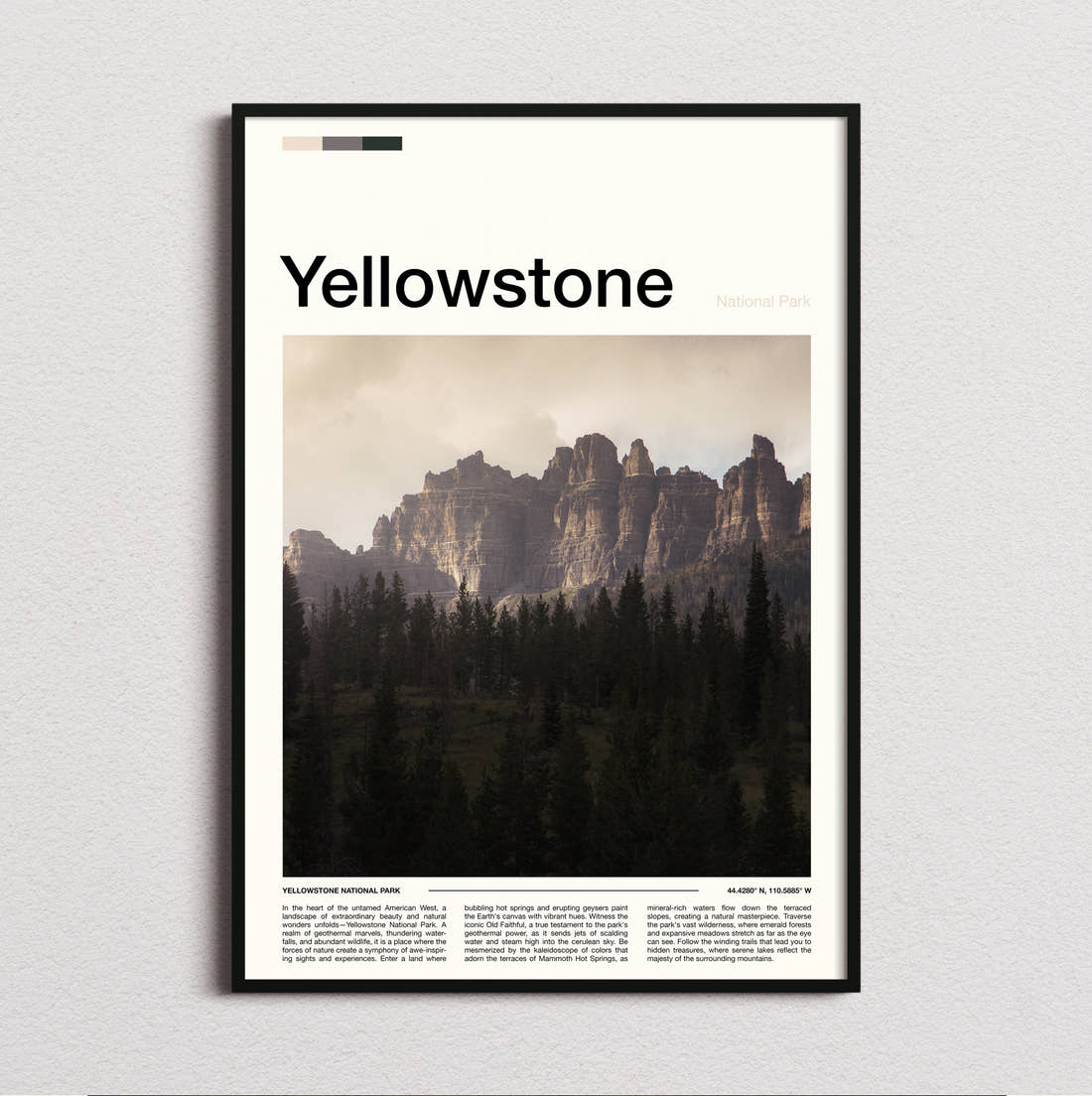 Yellowstone Rocky Spires Above Forest Travel Print framed and photographed straight on