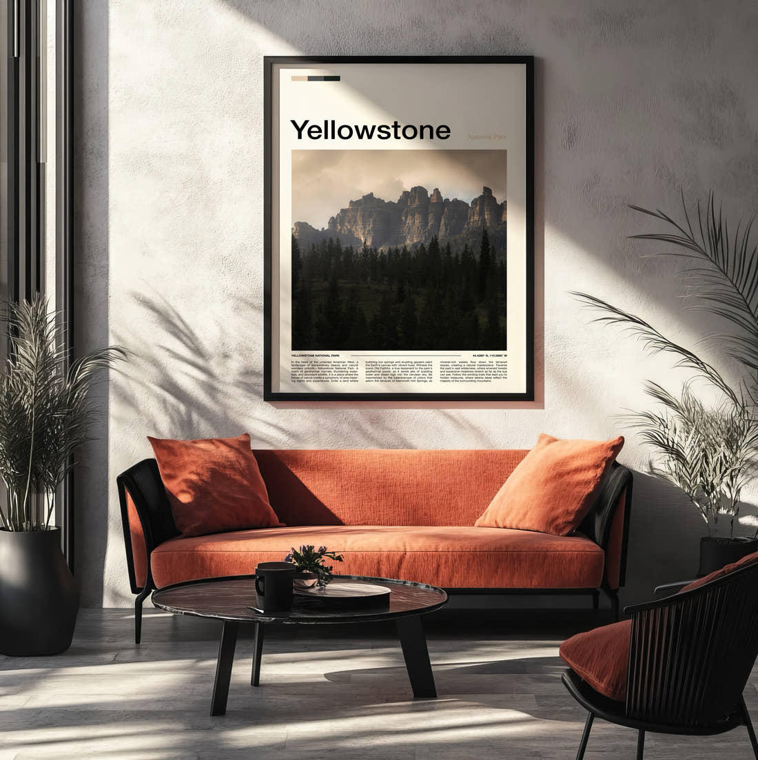 Yellowstone Rocky Spires Above Forest Travel Print framed on the wall of a modern living room