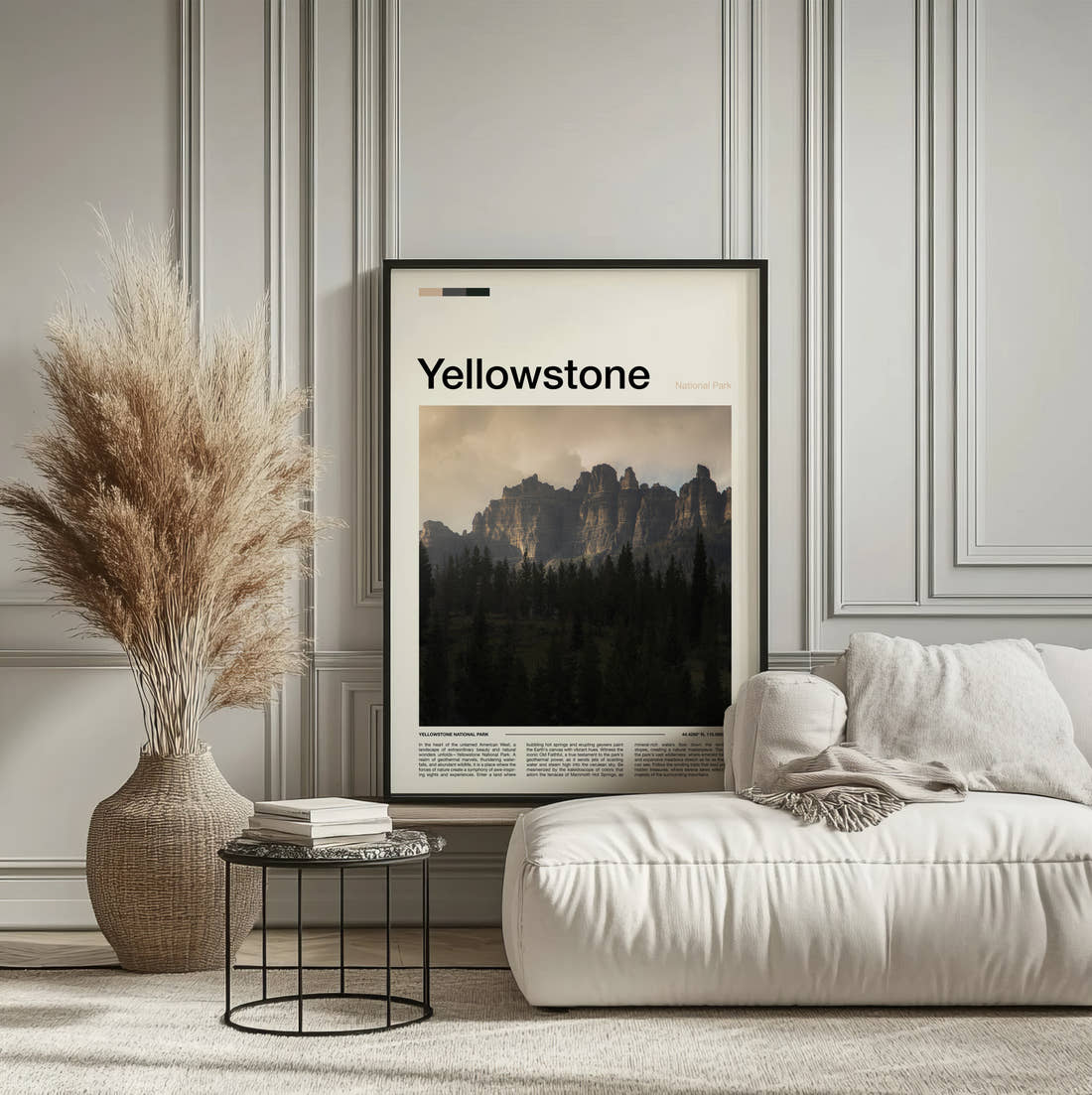 Yellowstone Rocky Spires Above Forest Travel Print framed on the wall of a calm, neutral bedroom