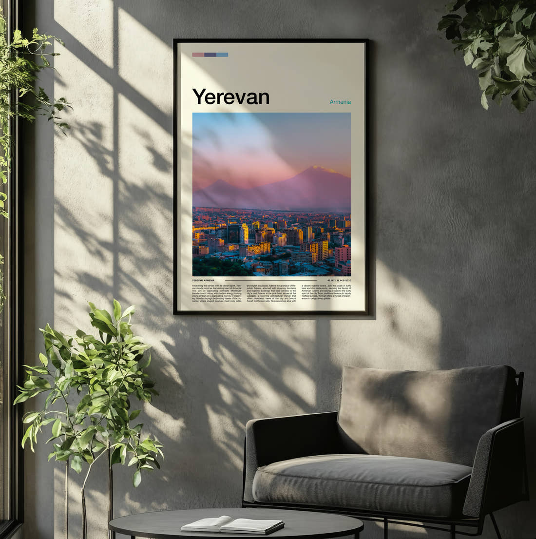 Yerevan Mount Ararat Travel Print framed on the wall of a relaxed living room