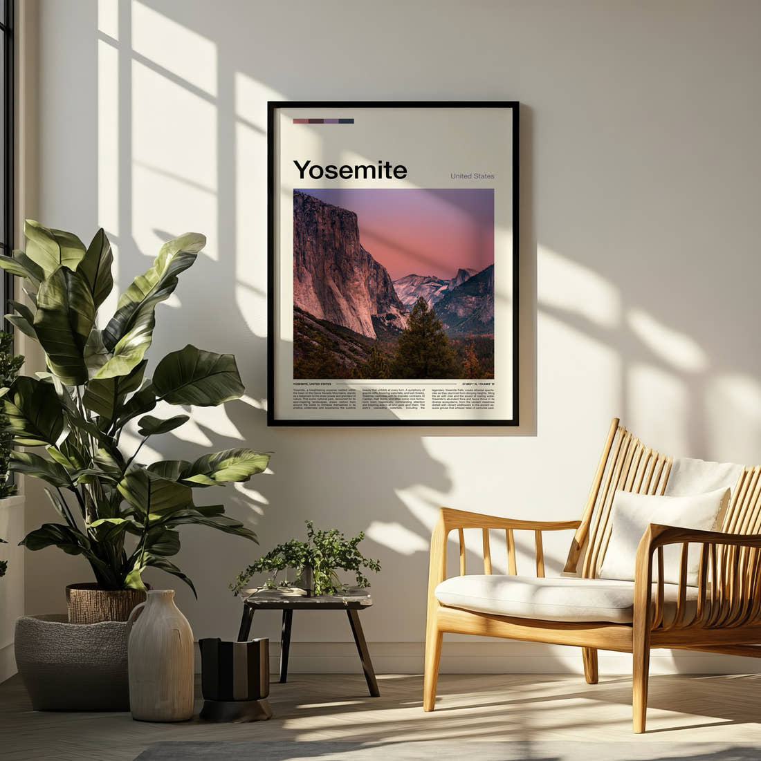 Yosemite El Capitan Travel Print framed on a pale wall beside houseplants
