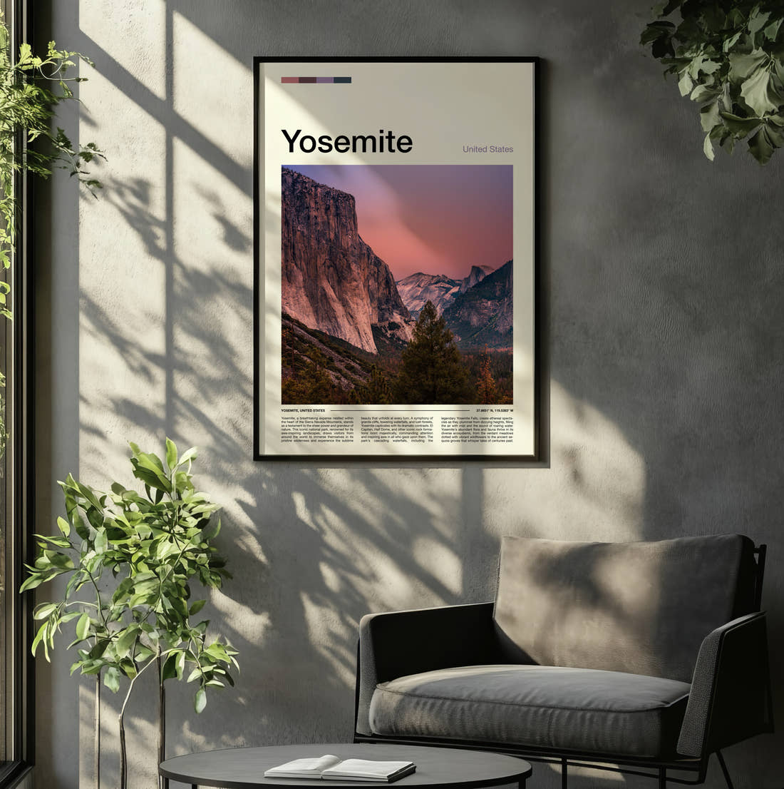 Yosemite El Capitan Travel Print framed on the wall of a relaxed living room