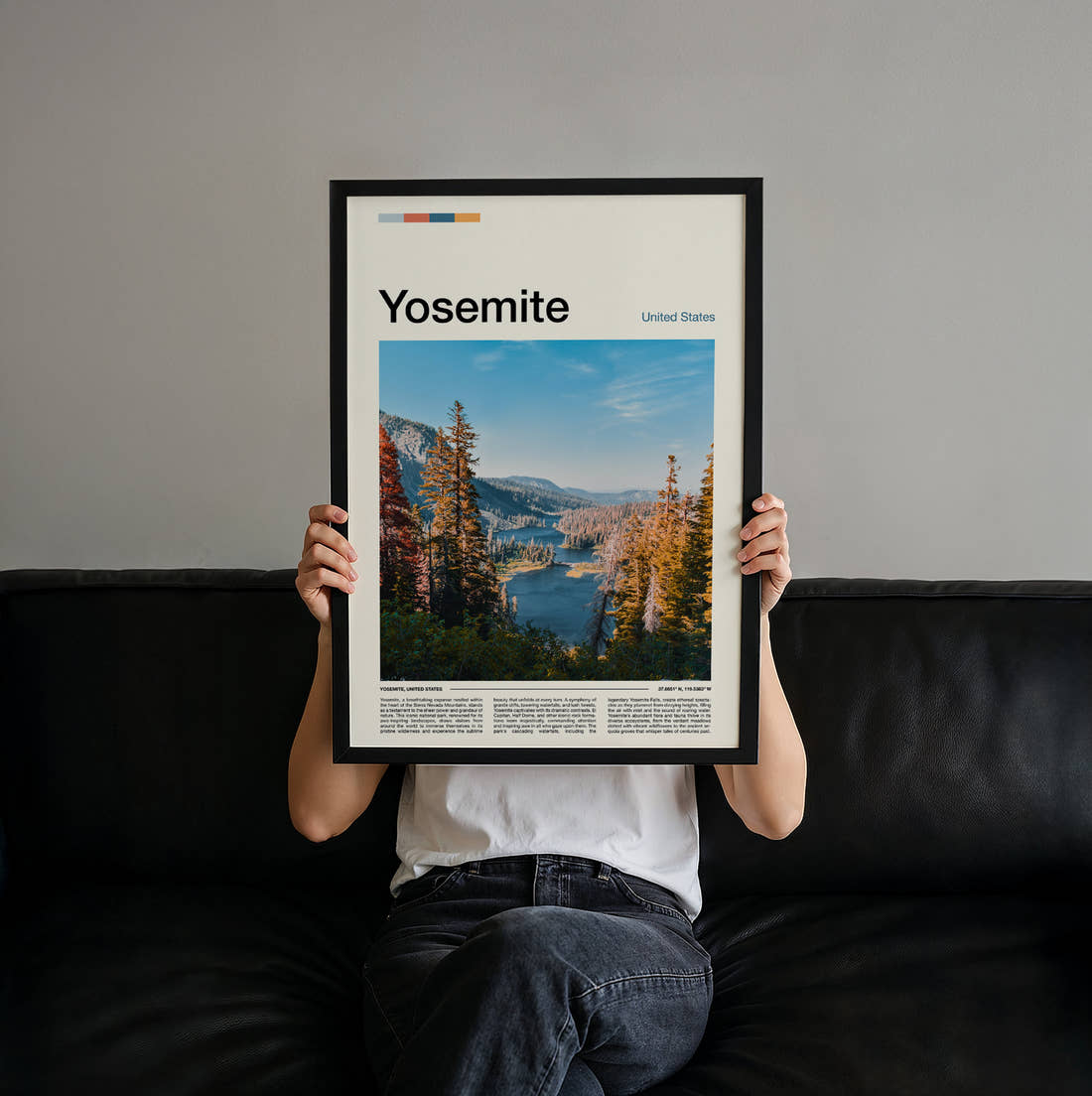 Yosemite Alpine Lake And Pines Travel Print held up by hand to show the size of the print