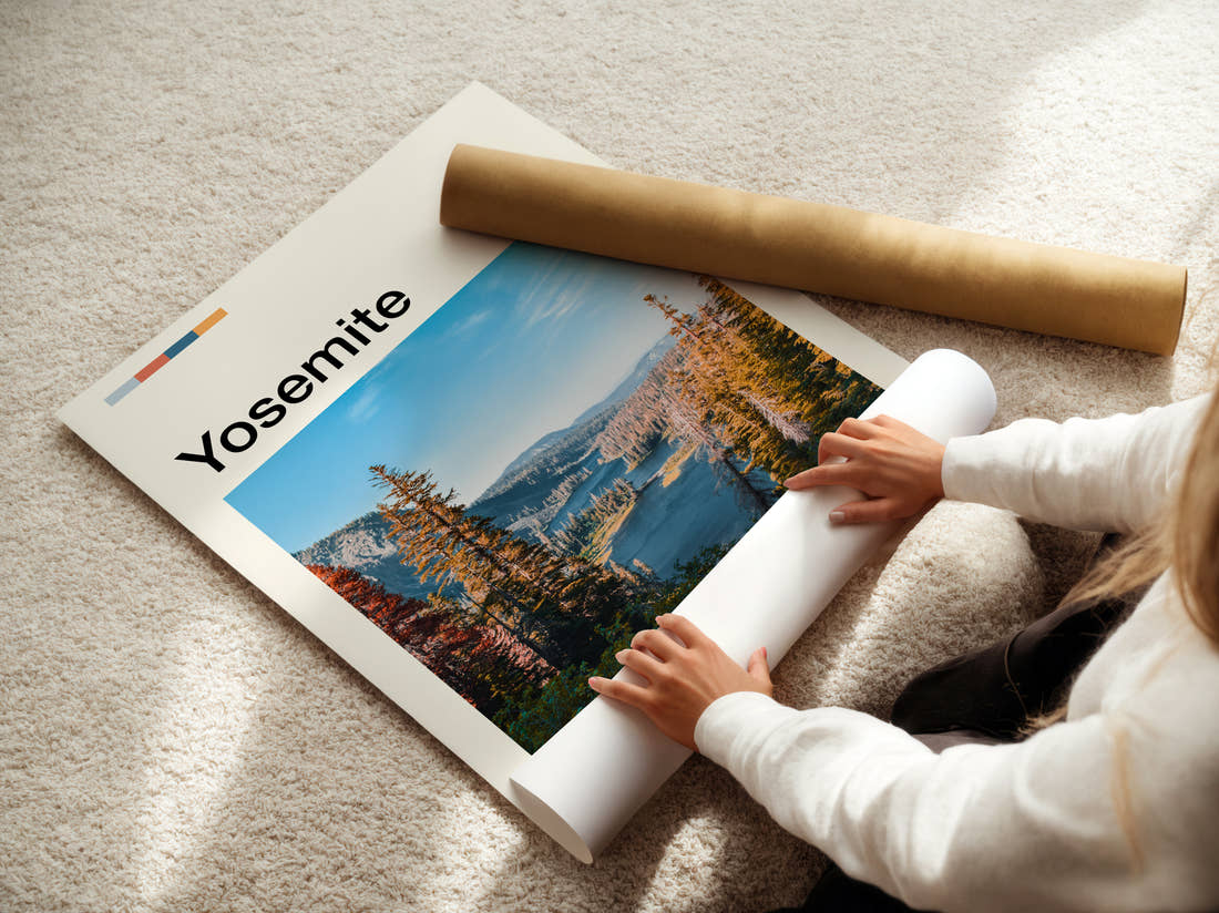 Yosemite Alpine Lake And Pines Travel Print being unrolled from its postal tube