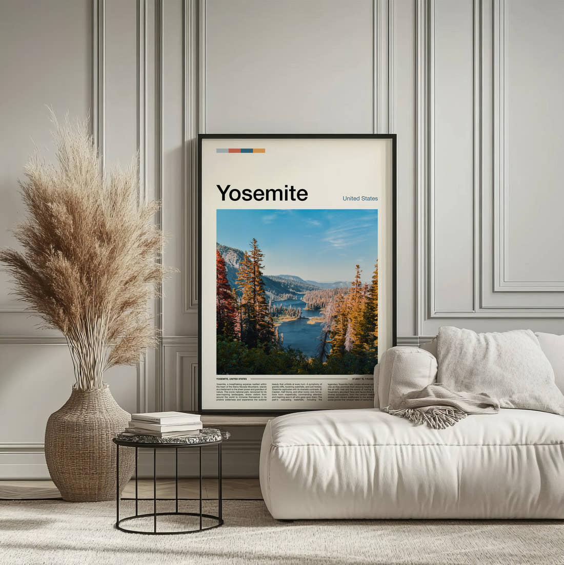 Yosemite Alpine Lake And Pines Travel Print framed on the wall of a calm, neutral bedroom