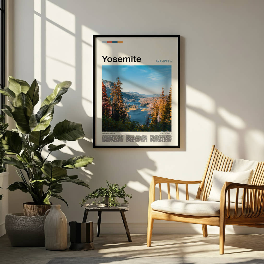 Yosemite Alpine Lake And Pines Travel Print framed on a pale wall beside houseplants