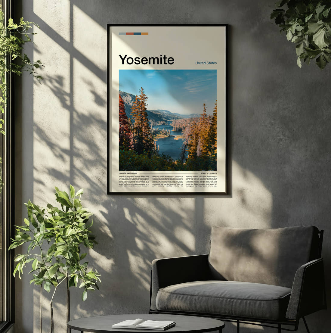 Yosemite Alpine Lake And Pines Travel Print framed on the wall of a relaxed living room