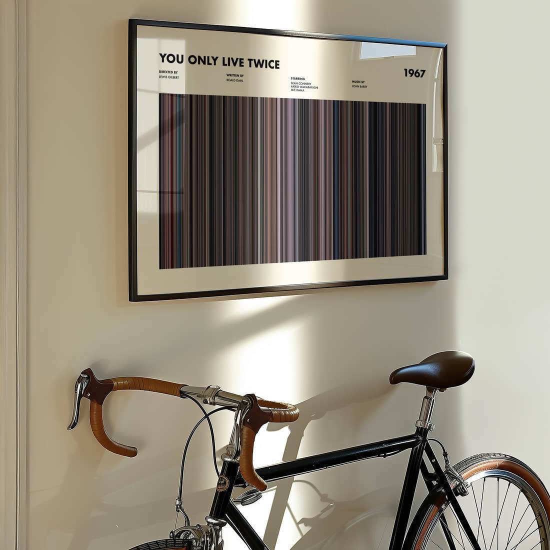 You Only Live Twice Movie Barcode Poster framed on the wall of a styled room setting