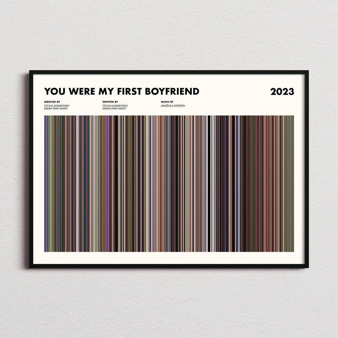 You Were My First Boyfriend Movie Barcode Poster framed and photographed straight on