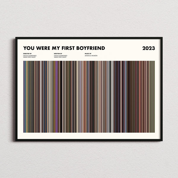 You Were My First Boyfriend Movie Barcode Poster framed and photographed straight on