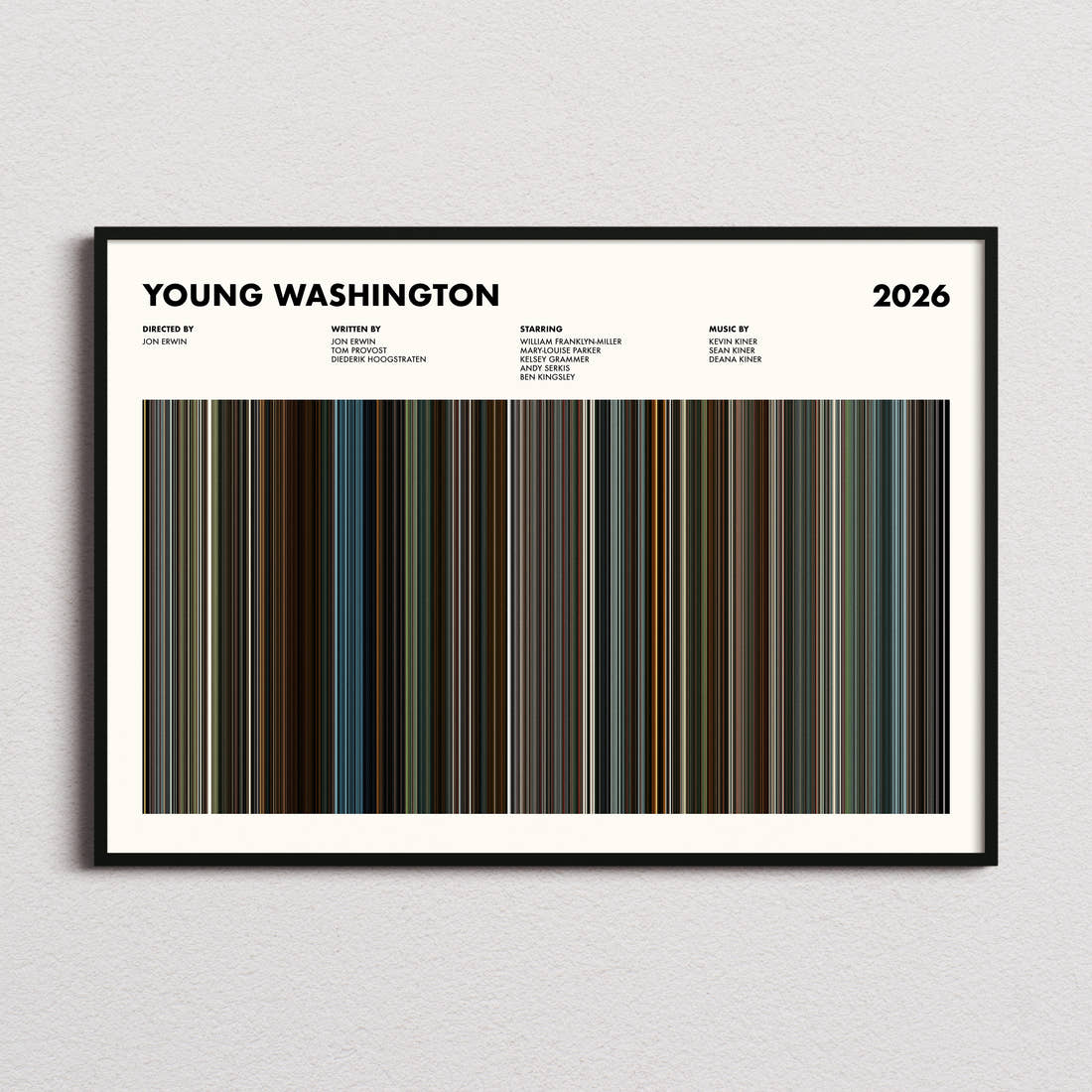 Young Washington Movie Barcode Poster framed and photographed straight on