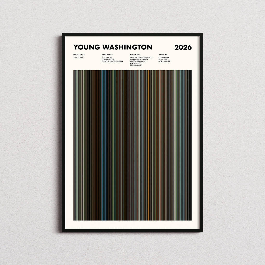 Young Washington Movie Barcode Poster framed on a plain studio wall