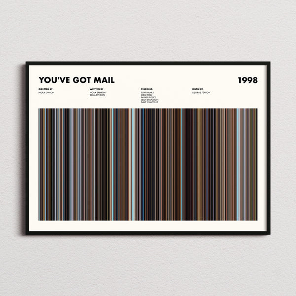 Youve Got Mail Movie Barcode Poster framed and photographed straight on