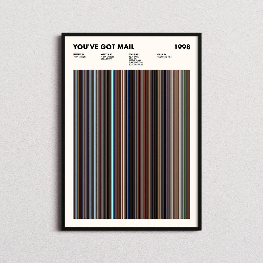 Youve Got Mail Movie Barcode Poster framed on a plain studio wall