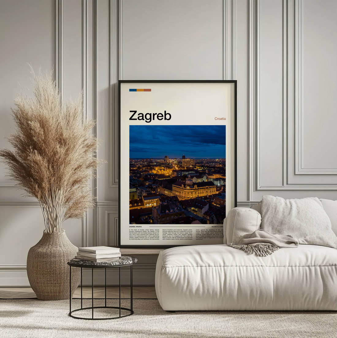 Zagreb Illuminated City At Night Travel Print framed on the wall of a calm, neutral bedroom