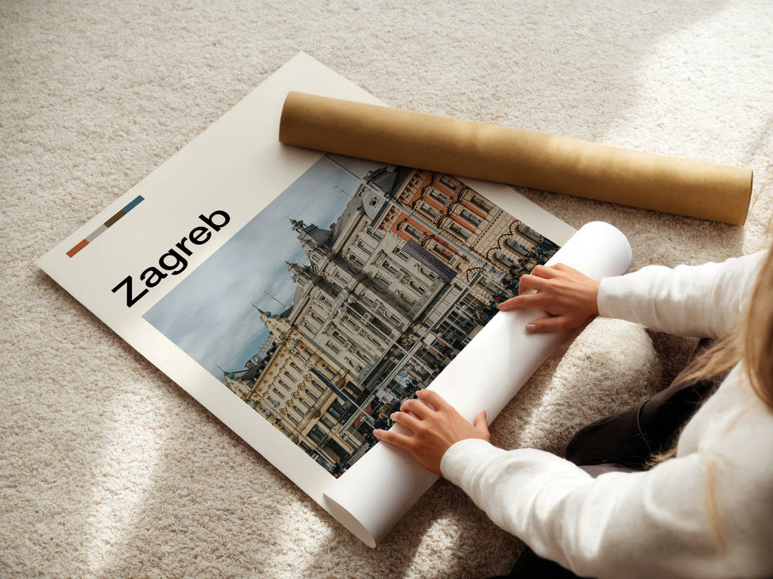 Zagreb Grand Square Facades Travel Print being unrolled from its postal tube