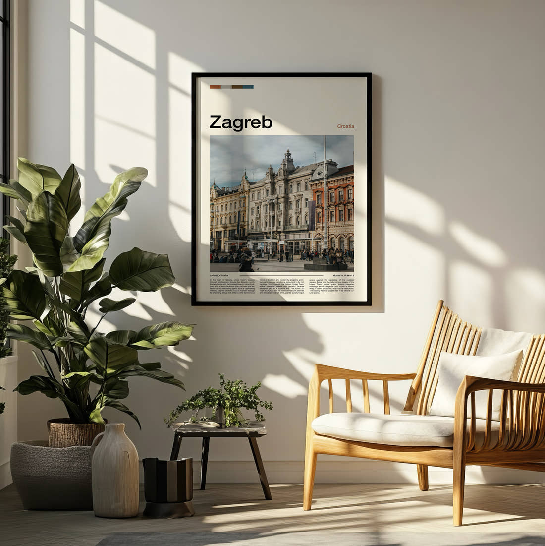 Zagreb Grand Square Facades Travel Print framed on a pale wall beside houseplants