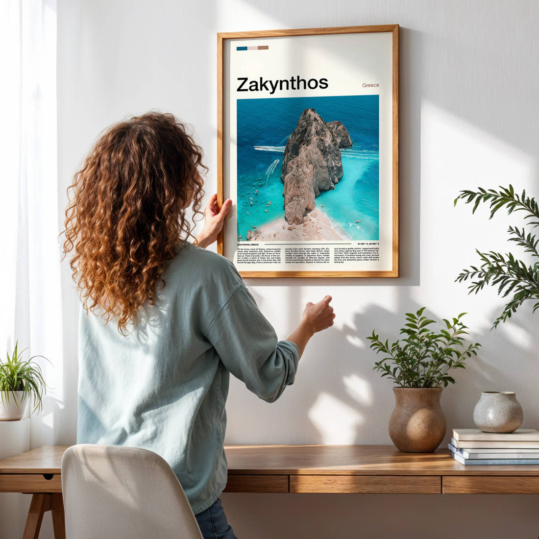 Zakynthos Aerial Rock Islet Travel Print framed on a pale wall beside houseplants