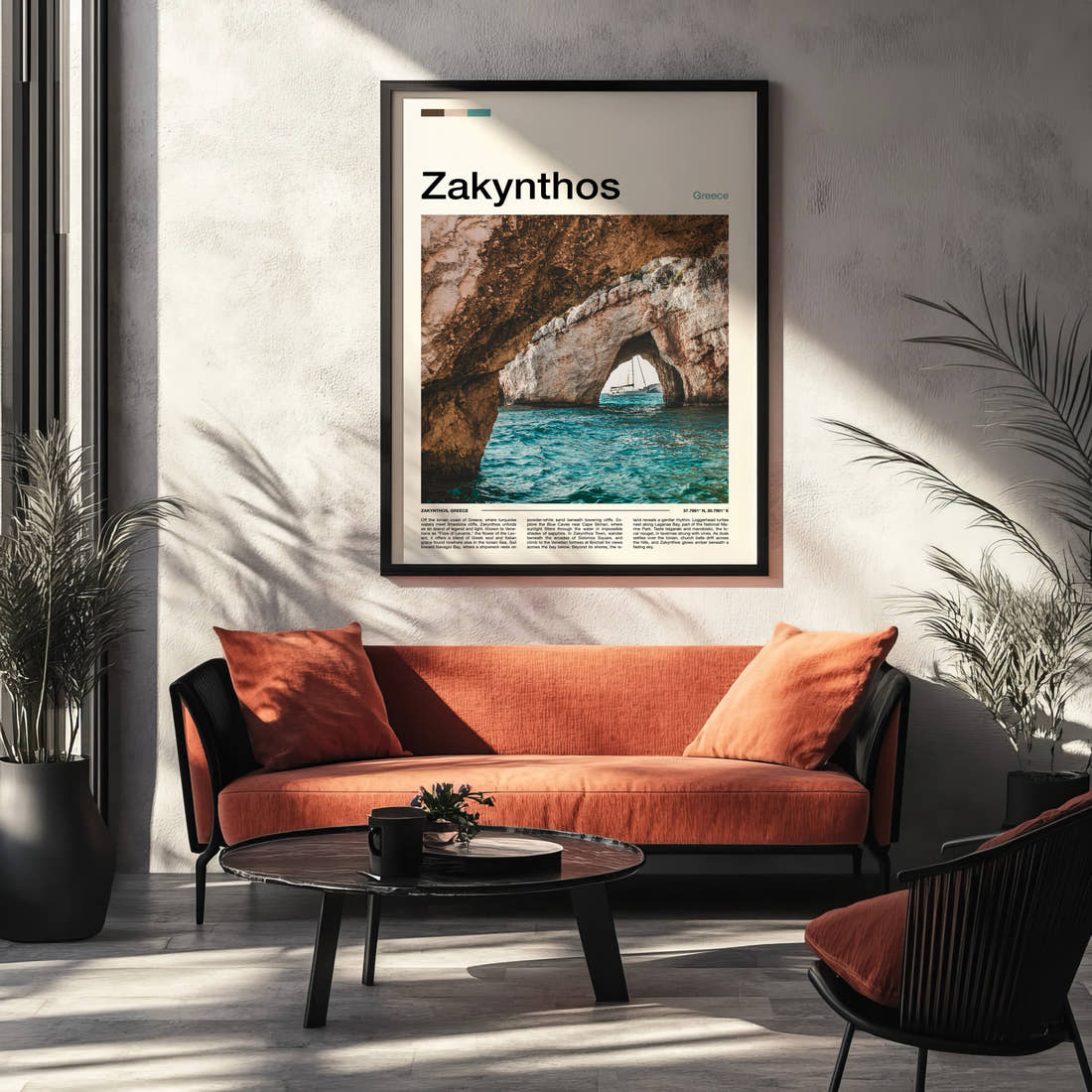Zakynthos Sea Cave Arch Travel Print framed on the wall of a modern living room