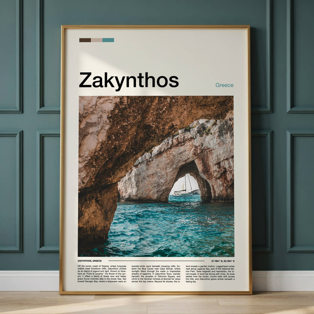 Zakynthos Sea Cave Arch Travel Print framed on the wall of a calm, neutral bedroom