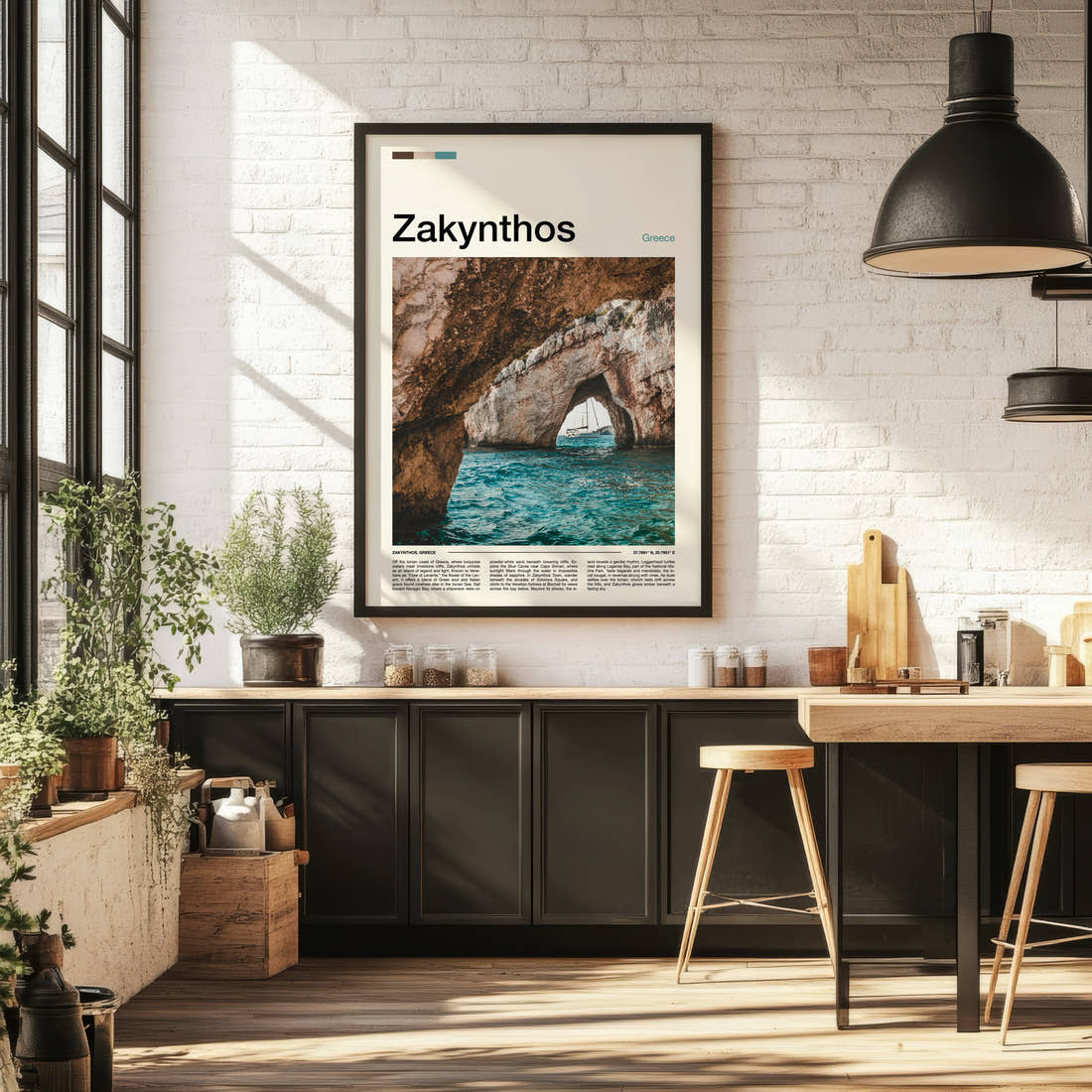 Zakynthos Sea Cave Arch Travel Print framed on the wall of a bright kitchen and dining space