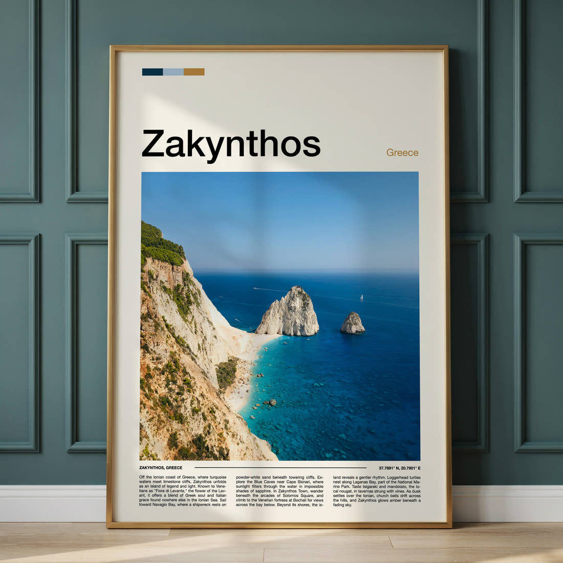 Zakynthos Limestone Sea Stacks Travel Print framed on the wall of a calm, neutral bedroom