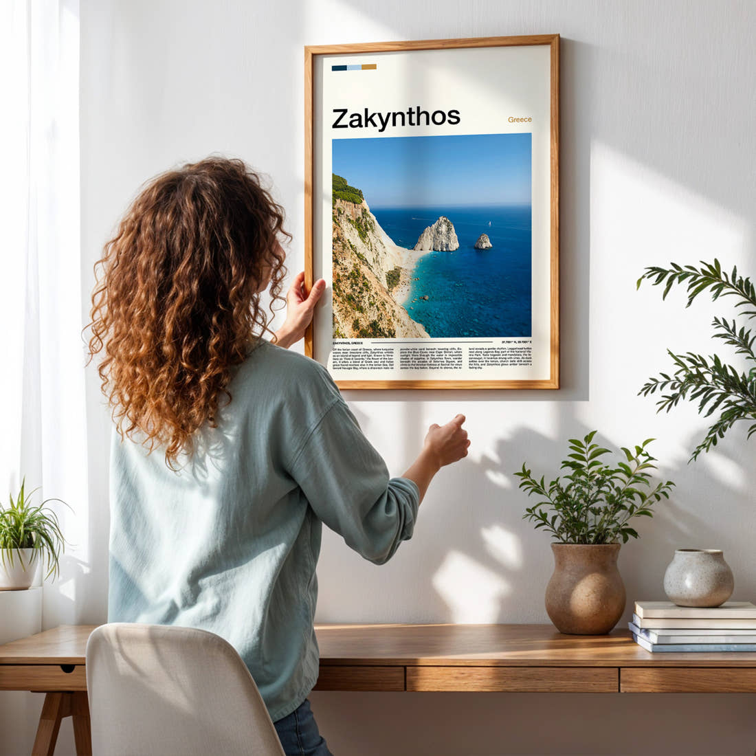 Zakynthos Limestone Sea Stacks Travel Print framed on a pale wall beside houseplants