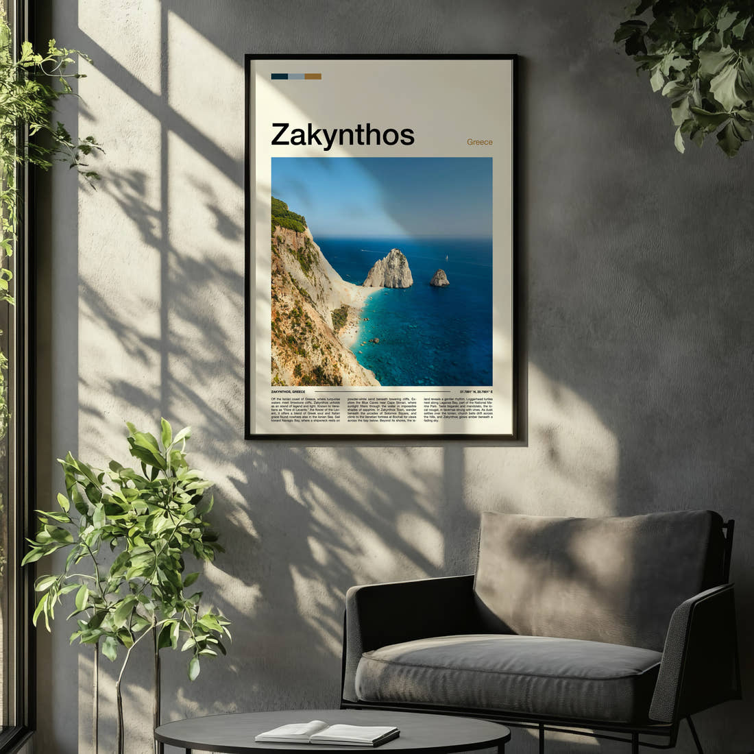 Zakynthos Limestone Sea Stacks Travel Print framed on the wall of a relaxed living room