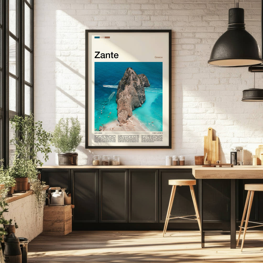 Zante Aerial Limestone Cove Travel Print framed on the wall of a bright kitchen and dining space