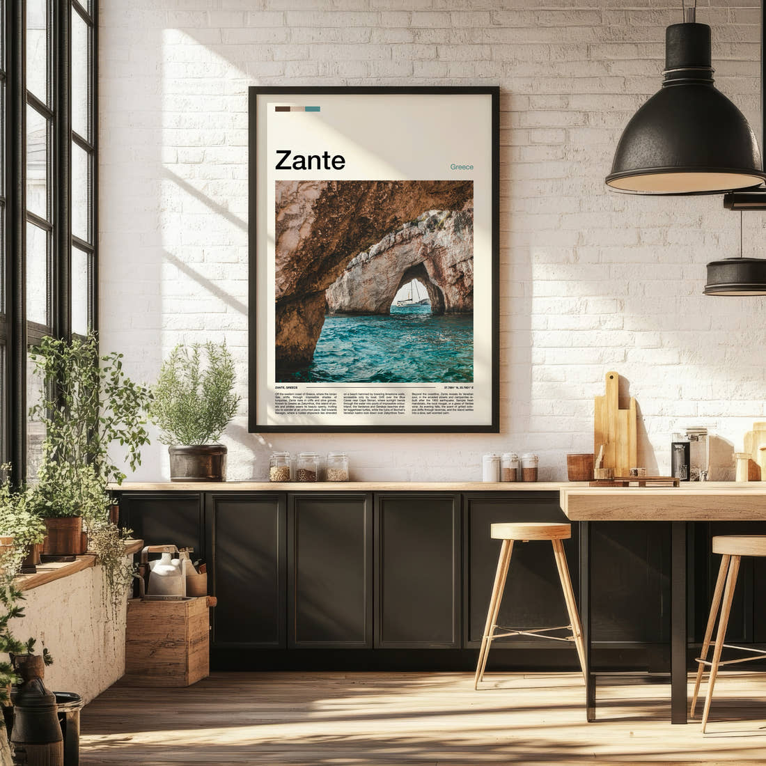 Zante Limestone Sea Cave Travel Print framed on the wall of a bright kitchen and dining space