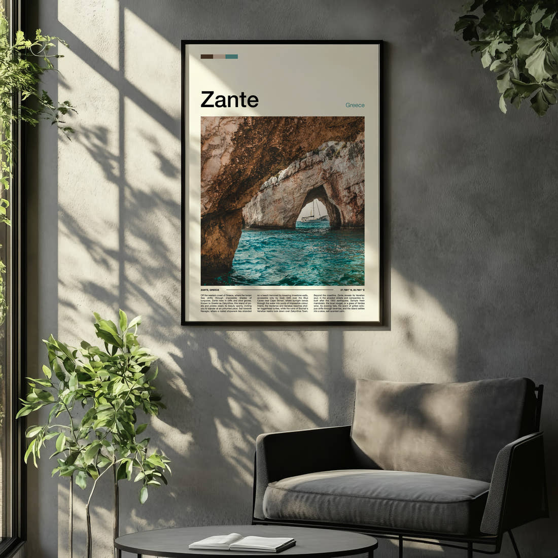 Zante Limestone Sea Cave Travel Print framed on the wall of a relaxed living room