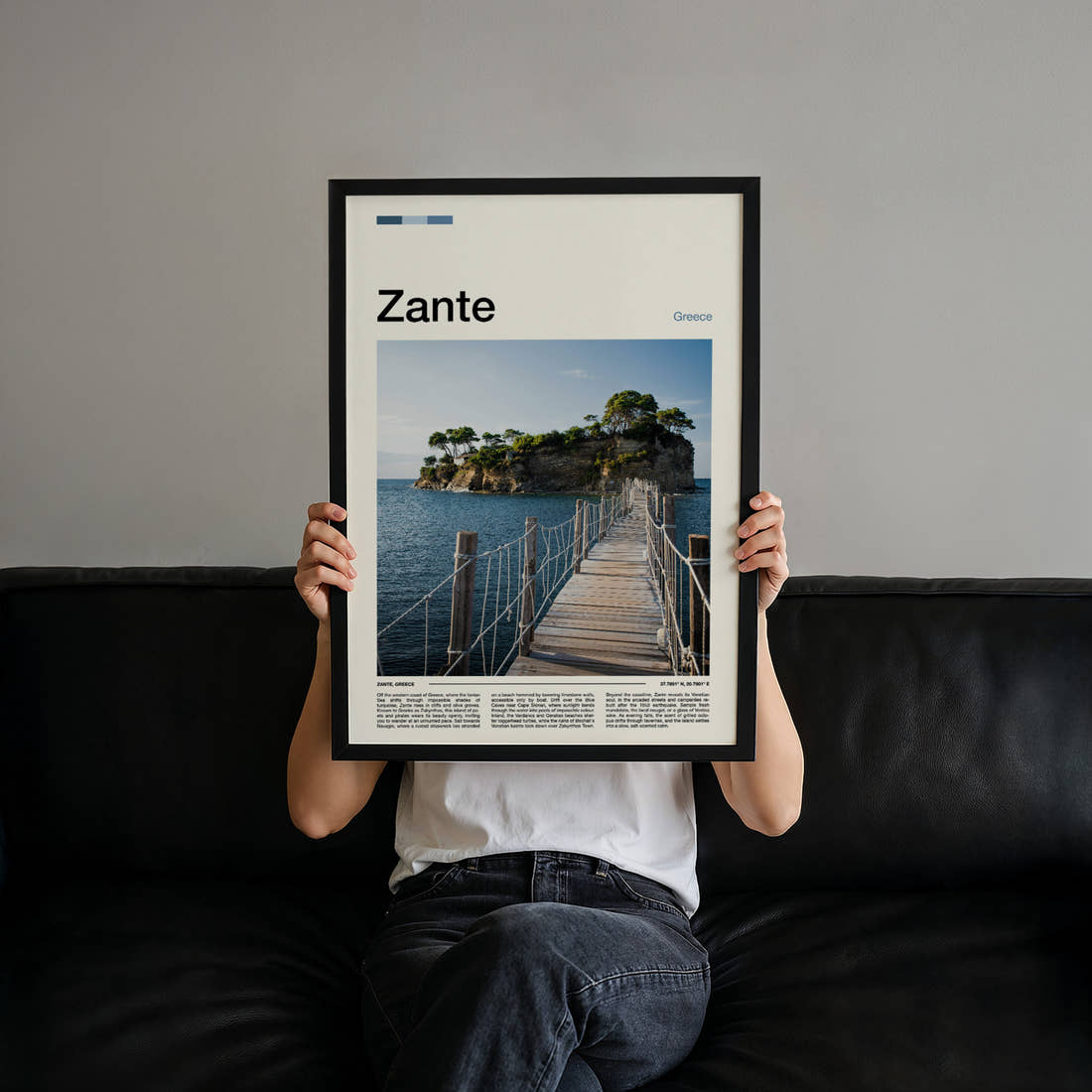 Zante Wooden Footbridge Islet Travel Print held up by hand to show the size of the print